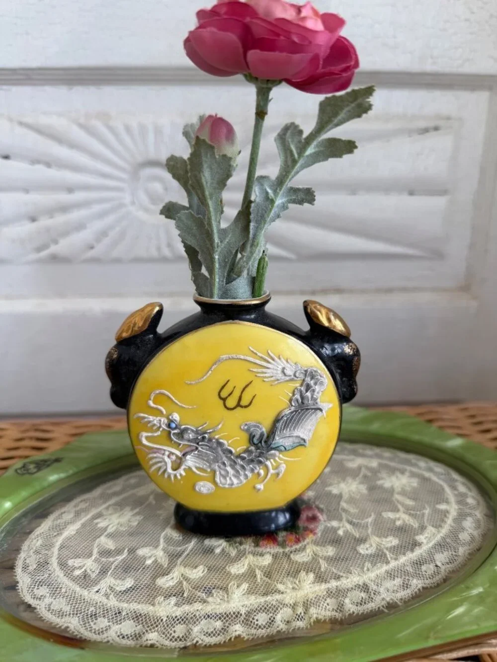 Vintage 40's Japanese Dragonware Yellow Black Small Bottle Vase